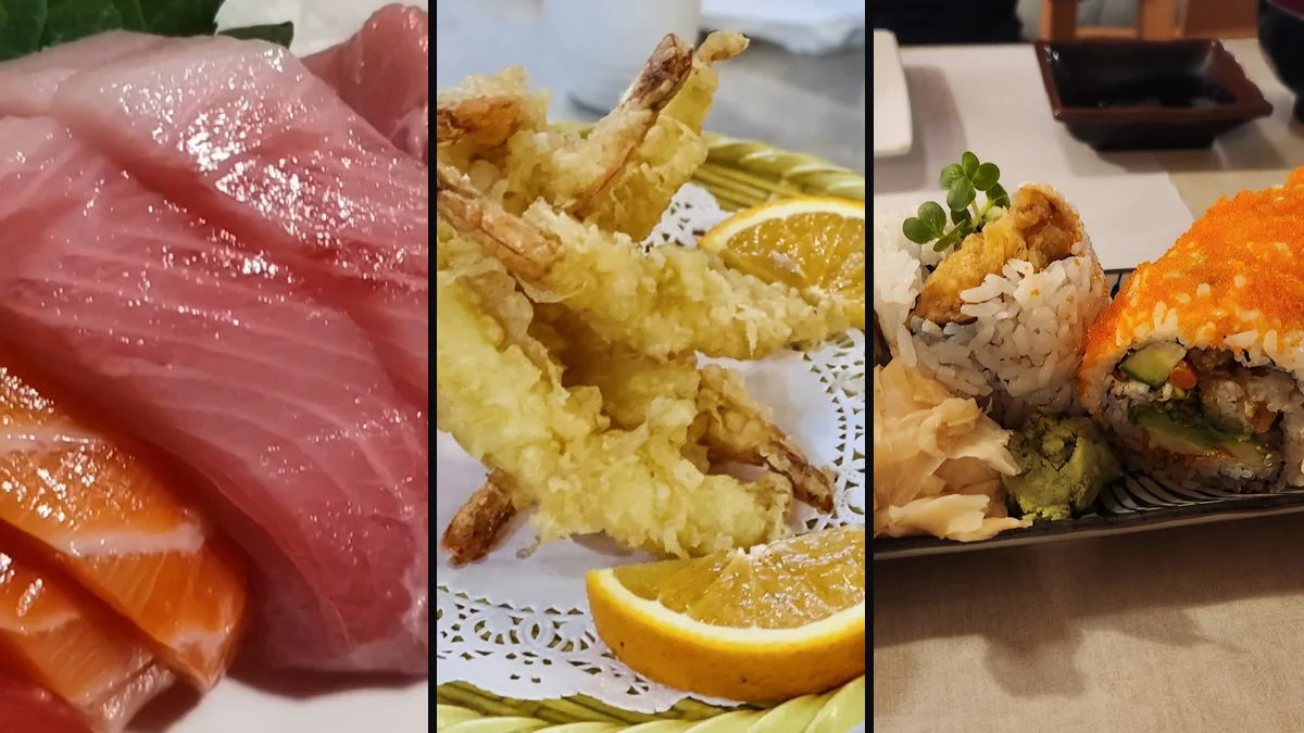 A chirashi bowl beside nigiri and rolls.