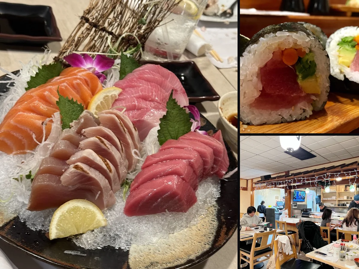 Sushi plates on a casual restaurant table.