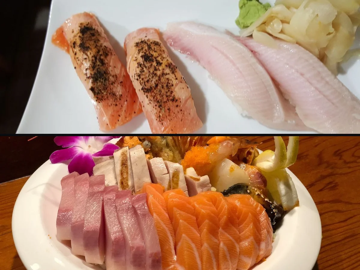 A chirashi bowl beside nigiri and rolls.